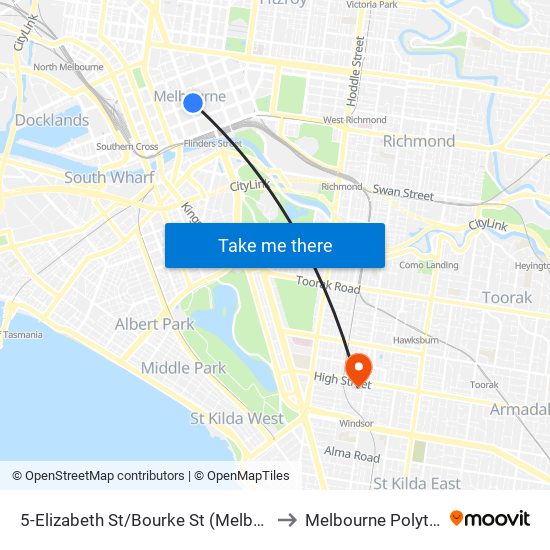 5-Elizabeth St/Bourke St (Melbourne City) to Melbourne Polytechnic map
