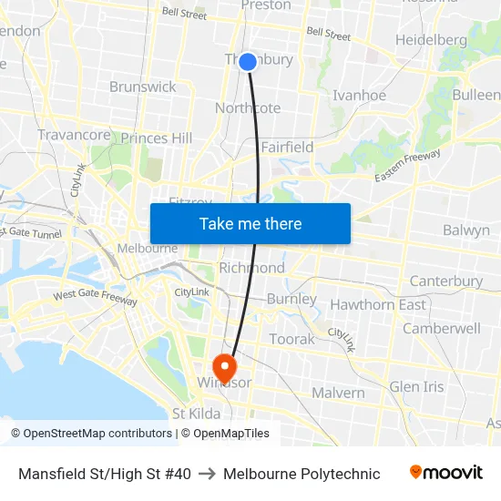 Mansfield St/High St #40 to Melbourne Polytechnic map
