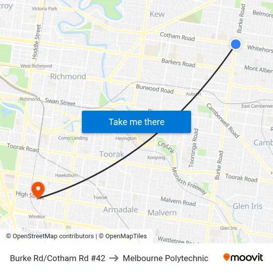 Burke Rd/Cotham Rd #42 to Melbourne Polytechnic map