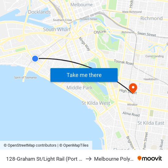 128-Graham St/Light Rail (Port Melbourne) to Melbourne Polytechnic map