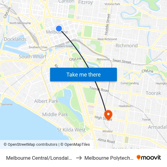 Melbourne Central/Lonsdale St to Melbourne Polytechnic map