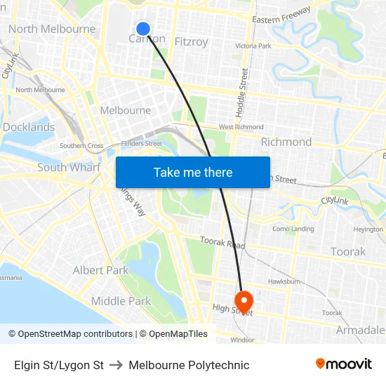Elgin St/Lygon St to Melbourne Polytechnic map