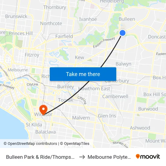 Bulleen Park & Ride/Thompsons Rd to Melbourne Polytechnic map