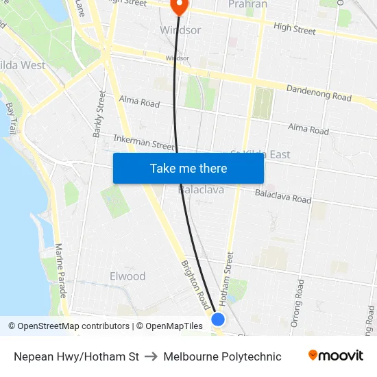 Nepean Hwy/Hotham St to Melbourne Polytechnic map