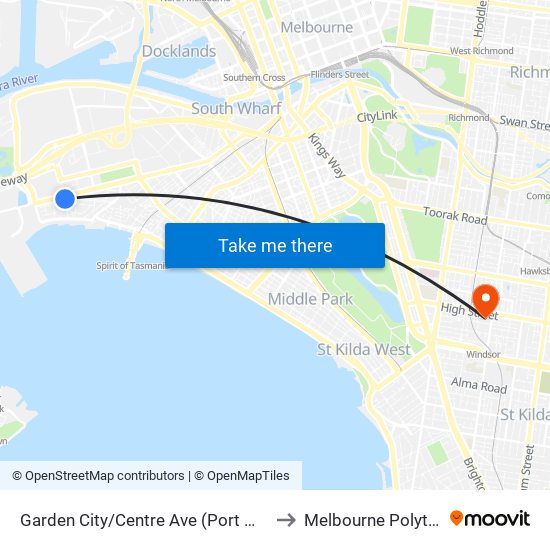 Garden City/Centre Ave (Port Melbourne) to Melbourne Polytechnic map