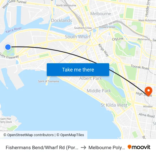 Fishermans Bend/Wharf Rd to Melbourne Polytechnic map