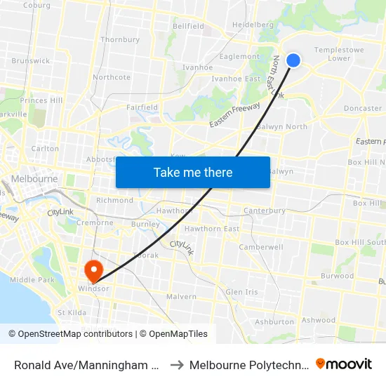 Ronald Ave/Manningham Rd to Melbourne Polytechnic map