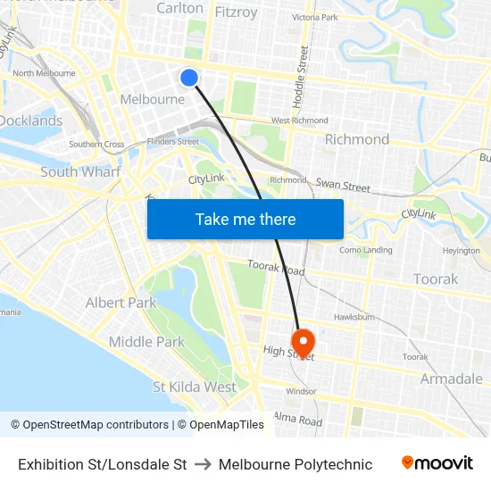 Exhibition St/Lonsdale St to Melbourne Polytechnic map