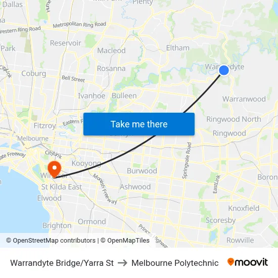 Warrandyte Bridge/Yarra St to Melbourne Polytechnic map