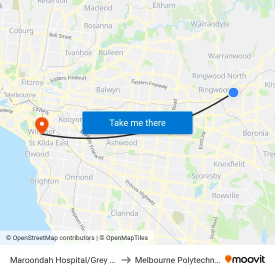 Maroondah Hospital/Grey St to Melbourne Polytechnic map
