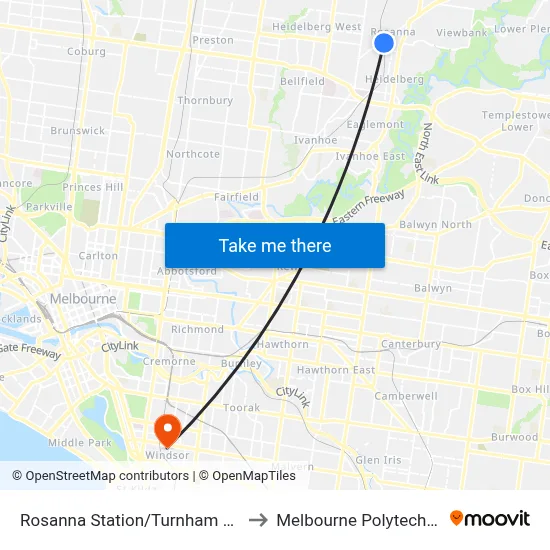 Rosanna Station/Turnham Ave to Melbourne Polytechnic map