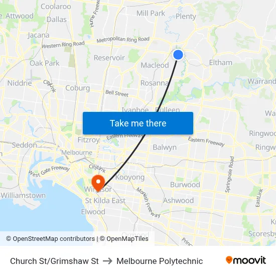Church St/Grimshaw St to Melbourne Polytechnic map