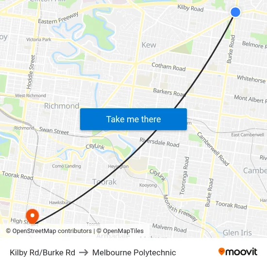 Kilby Rd/Burke Rd to Melbourne Polytechnic map