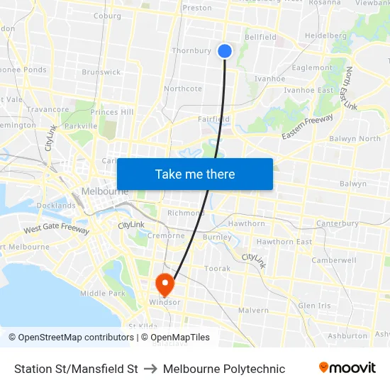 Station St/Mansfield St to Melbourne Polytechnic map