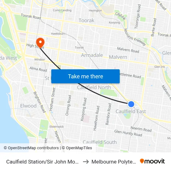 Caulfield Station/Sir John Monash Dr to Melbourne Polytechnic map