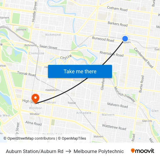 Auburn Station/Auburn Rd to Melbourne Polytechnic map