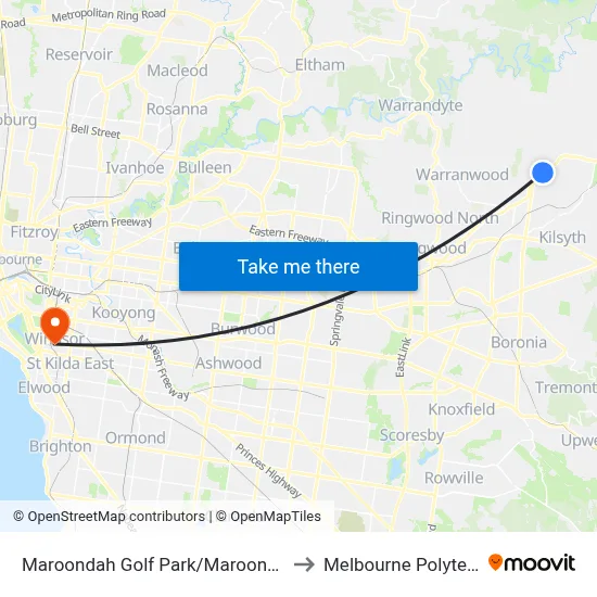 Maroondah Golf Park/Maroondah Hwy to Melbourne Polytechnic map