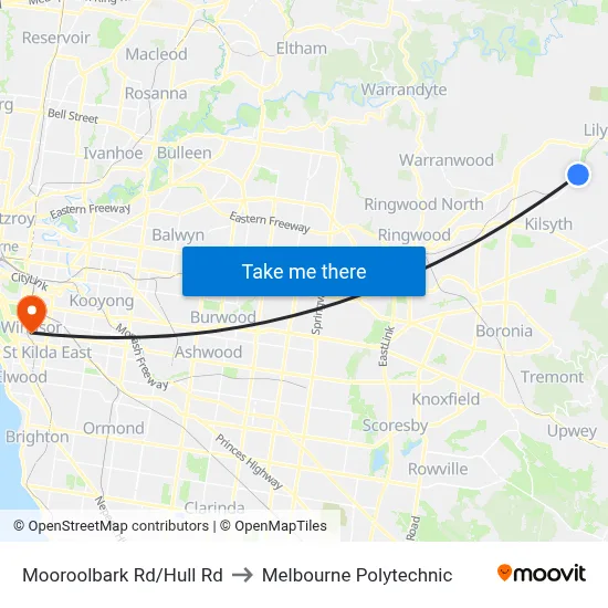 Mooroolbark Rd/Hull Rd to Melbourne Polytechnic map
