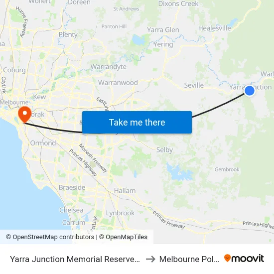 Yarra Junction Memorial Reserve/Warburton Hwy to Melbourne Polytechnic map