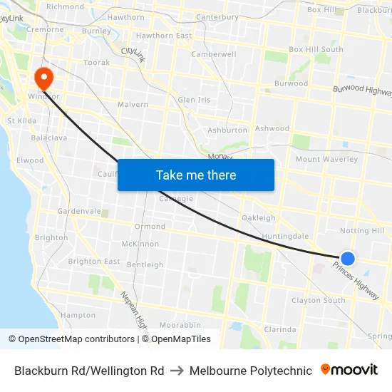 Blackburn Rd/Wellington Rd to Melbourne Polytechnic map
