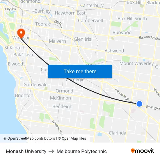 Monash University to Melbourne Polytechnic map