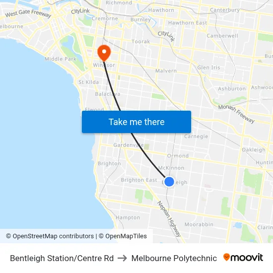 Bentleigh Station/Centre Rd to Melbourne Polytechnic map