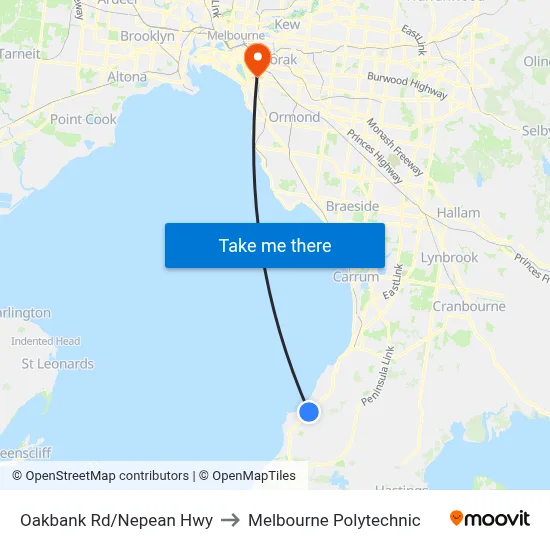 Oakbank Rd/Nepean Hwy to Melbourne Polytechnic map