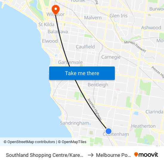 Southland Shopping Centre/Karen St (Cheltenham) to Melbourne Polytechnic map
