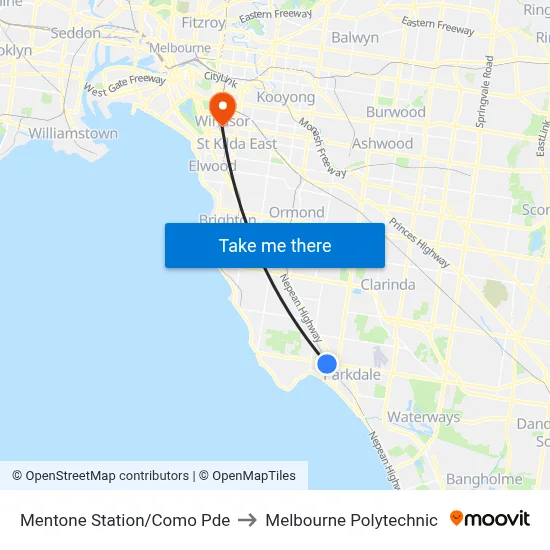 Mentone Station/Como Pde to Melbourne Polytechnic map