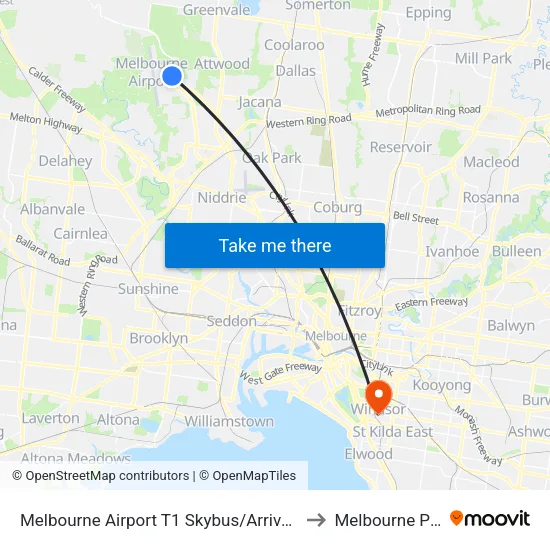 Melbourne Airport T1 Skybus/Arrival Dr to Melbourne Polytechnic map