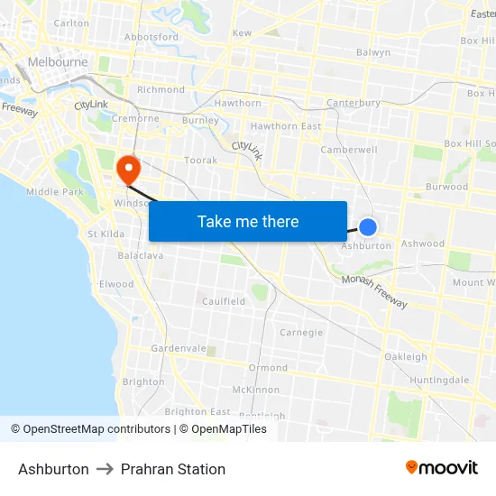 Ashburton to Prahran Station map
