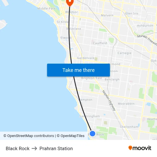 Black Rock to Prahran Station map