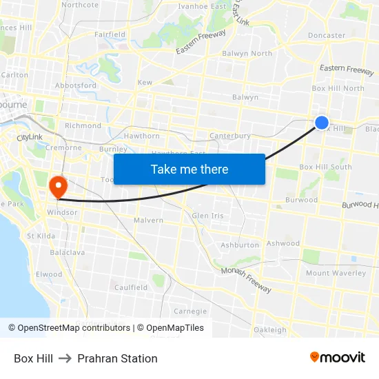 Box Hill to Prahran Station map