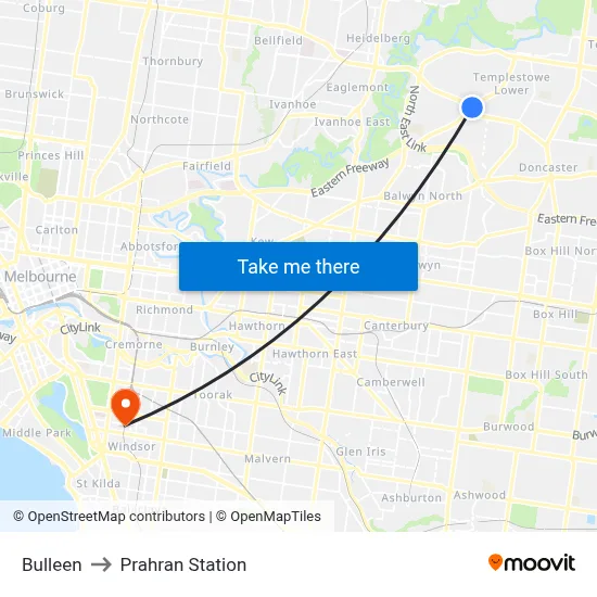 Bulleen to Prahran Station map