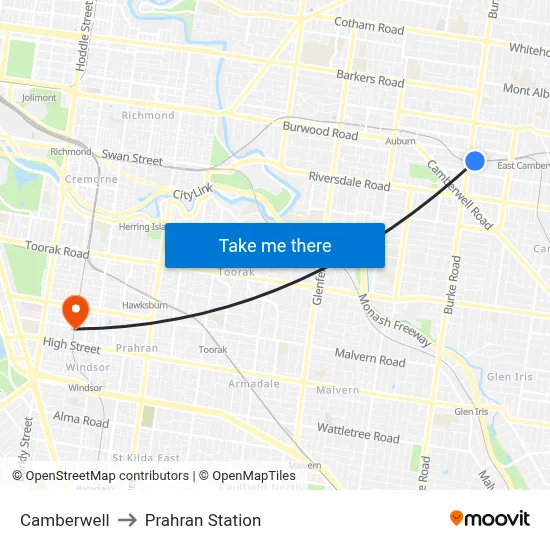 Camberwell to Prahran Station map