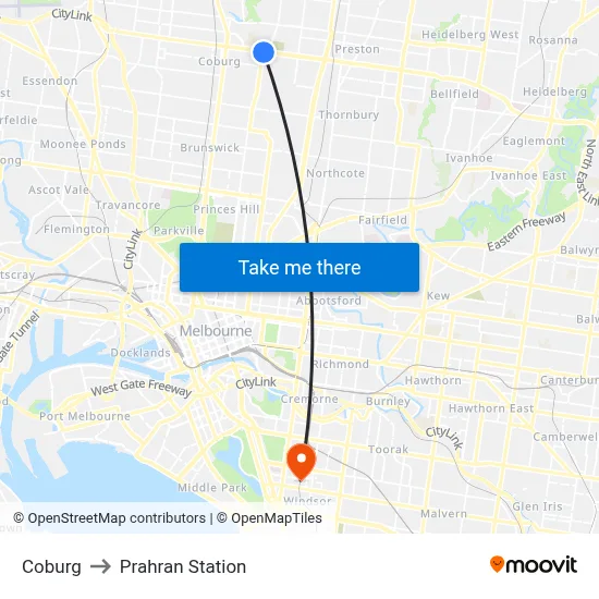 Coburg to Prahran Station map