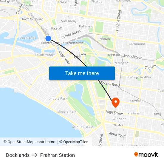 Docklands to Prahran Station map