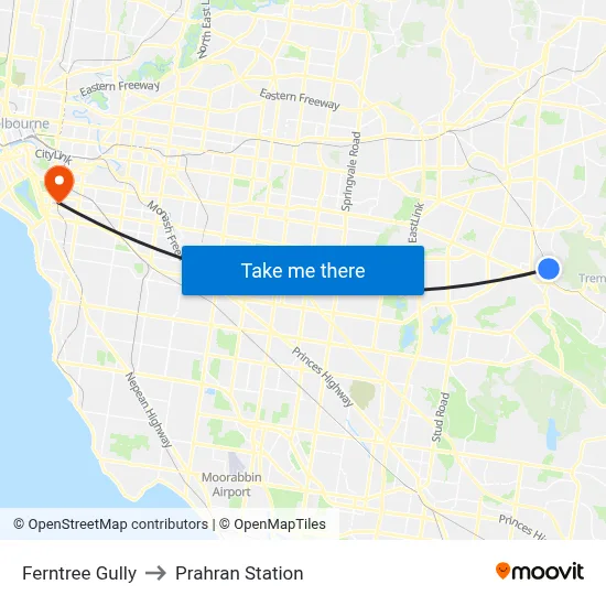 Ferntree Gully to Prahran Station map