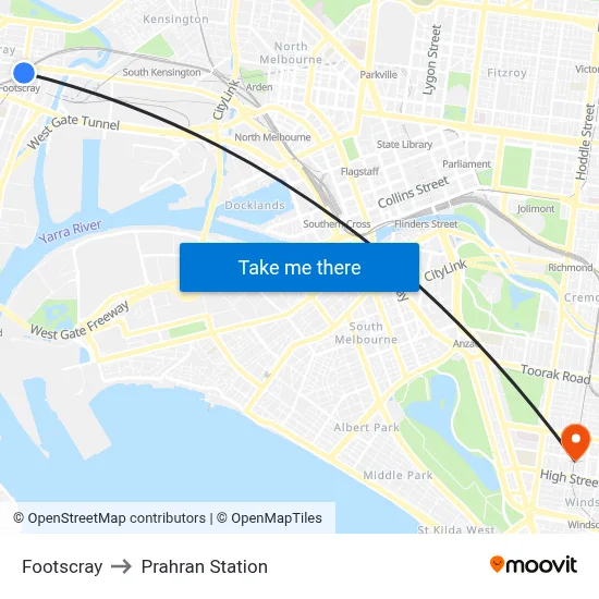 Footscray to Prahran Station map