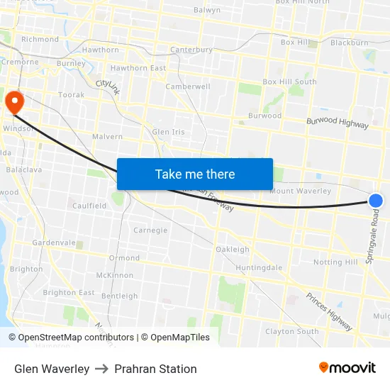 Glen Waverley to Prahran Station map