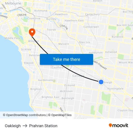 Oakleigh to Prahran Station map