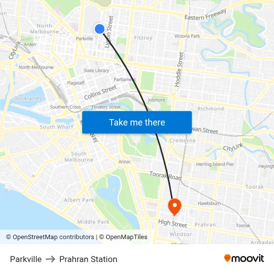 Parkville to Prahran Station map