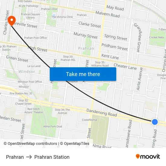 Prahran to Prahran Station map
