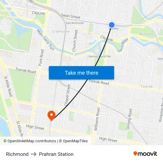 Richmond to Prahran Station map