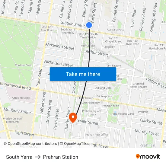 South Yarra to Prahran Station map