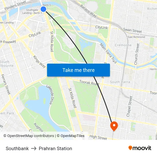 Southbank to Prahran Station map