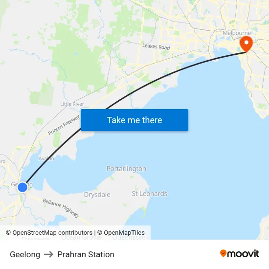 Geelong to Prahran Station map