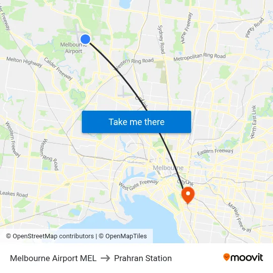 Melbourne Airport MEL to Prahran Station map