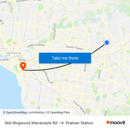 666 Ringwood Warrandyte Rd to Prahran Station map