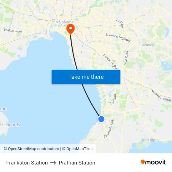 Frankston Station to Prahran Station map